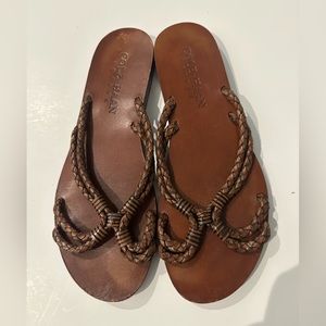COLE HAAN Resort Brown Wood & Woven Leather Sandals / size 8M